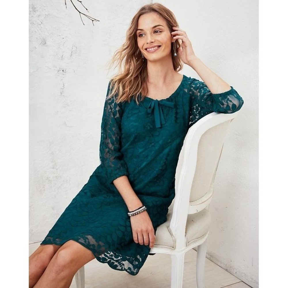 Garnet Hill Dress 12 Boheme Easy Lace Hunter Green Floral Cottage Garden Western